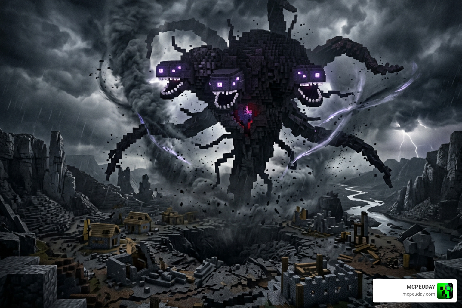Wither Storm Phase 5 towering over the landscape in Decayed Reality Addon