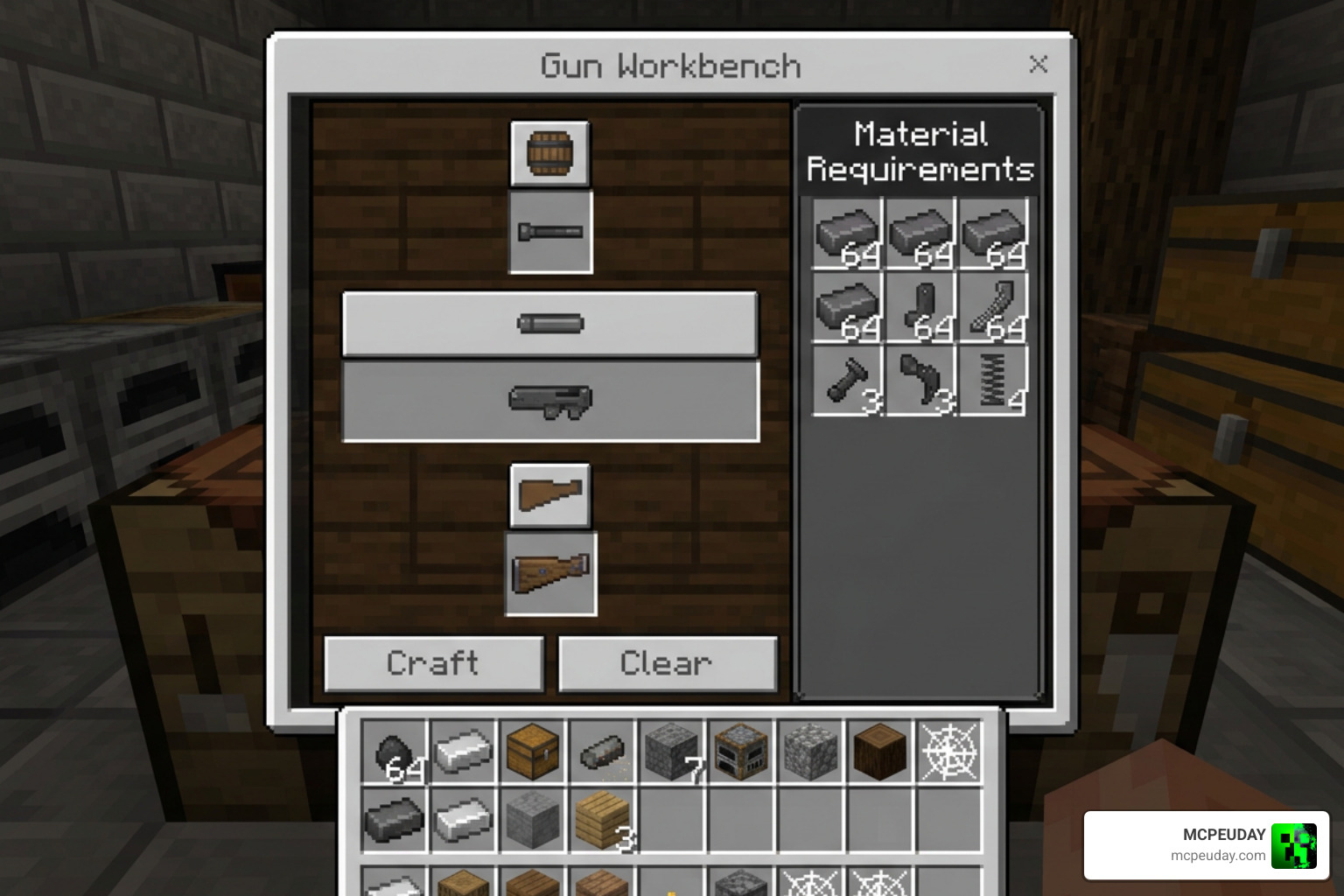 Gun Workbench interface and crafting menu in Minecraft Bedrock
