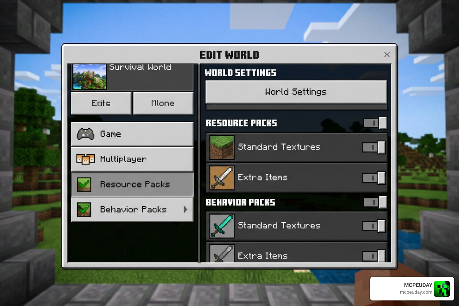 Minecraft Bedrock settings screen activating behavior and resource packs