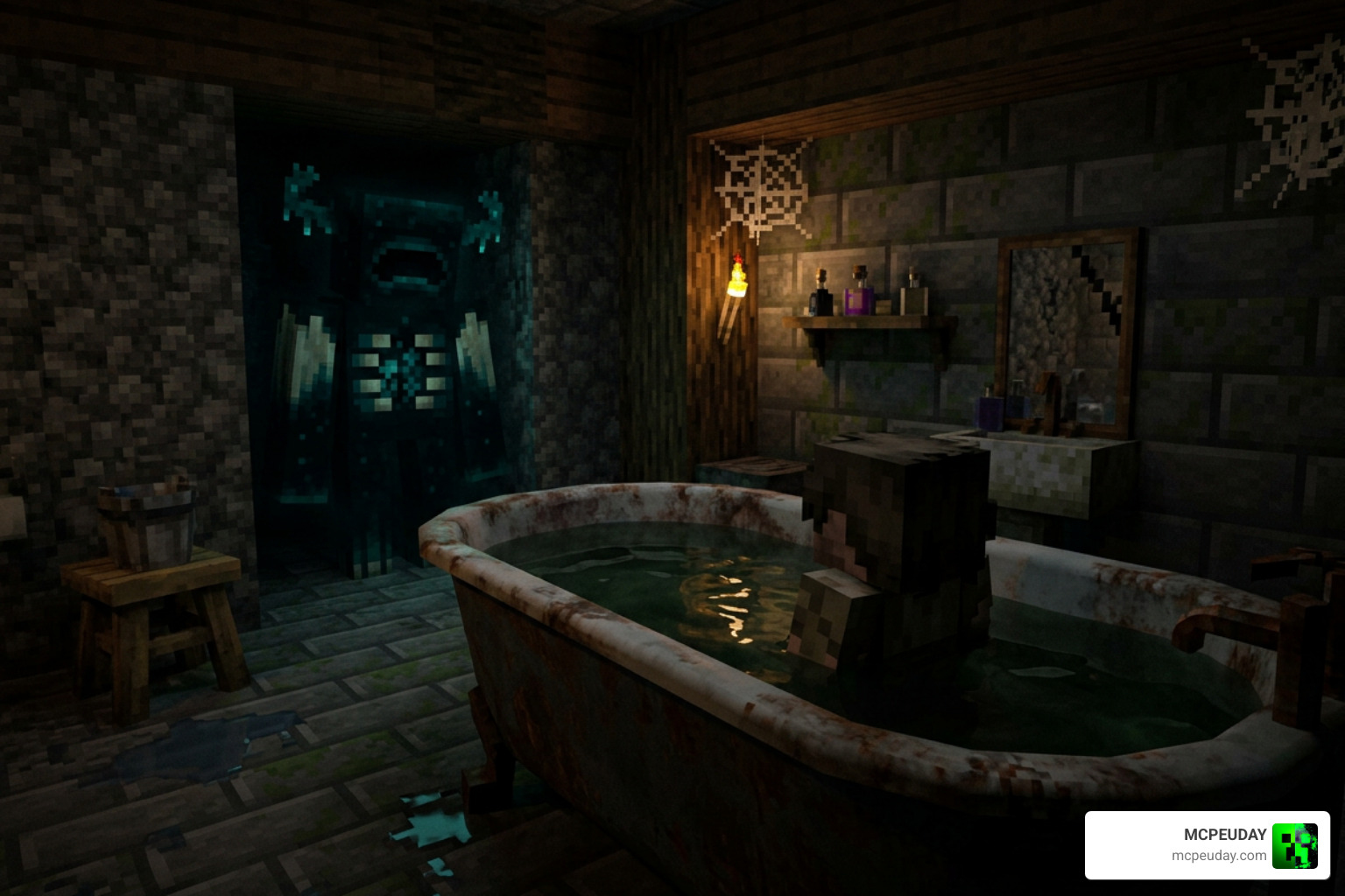 The creepy bathtub scene recreated in Minecraft with the Guilt entity lurking nearby