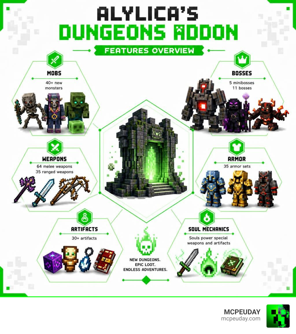 Alylica's Dungeons Addon features overview: mobs, bosses, weapons, armor, artifacts, and soul mechanics infographic