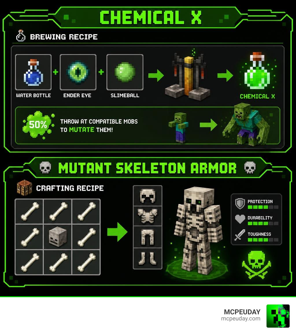 Infographic showing crafting recipes for Chemical X and Mutant Skeleton Armor infographic