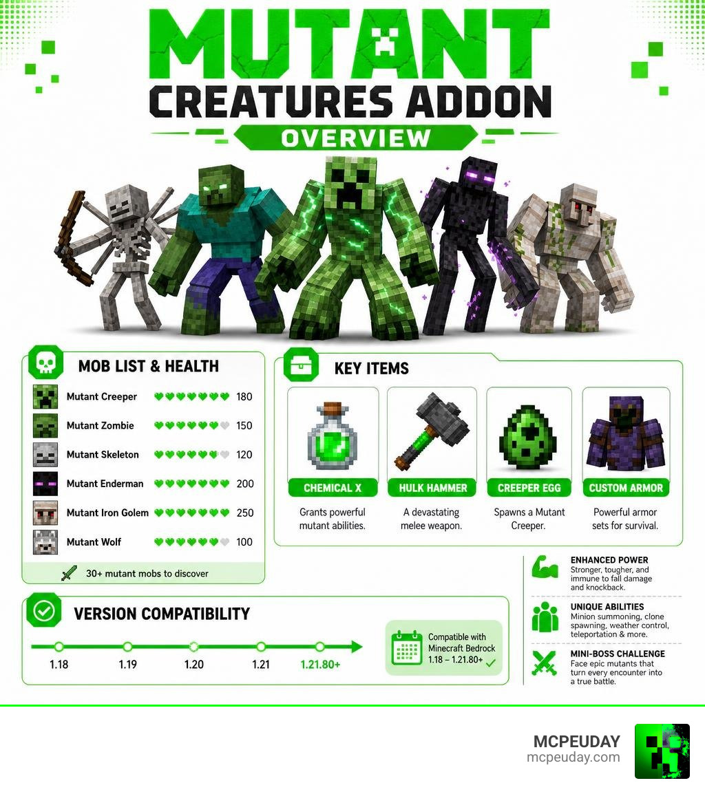 Mutant Creatures Addon overview infographic: mob list, health values, key items, and version compatibility infographic