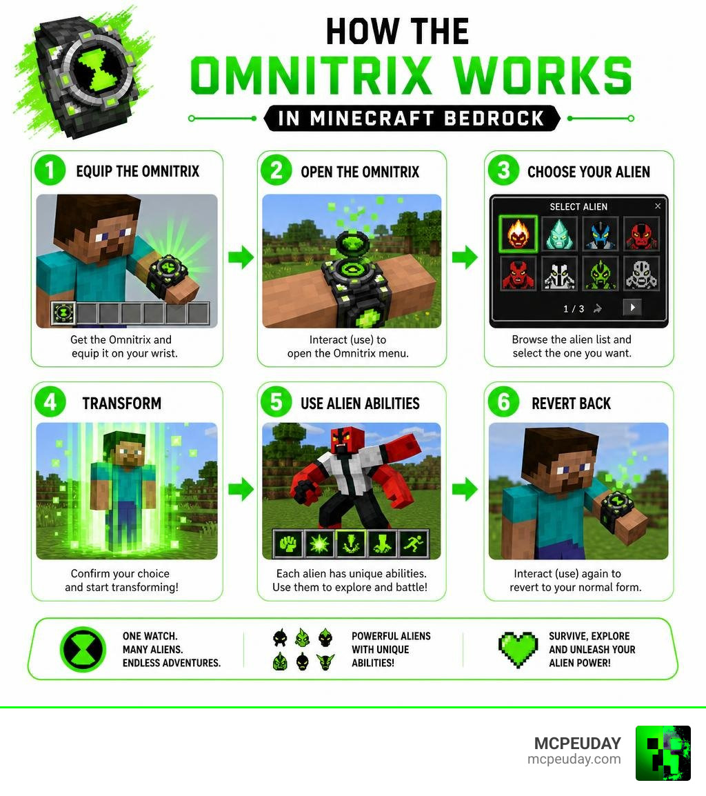 Infographic showing how the Omnitrix works in Minecraft Bedrock step by step infographic