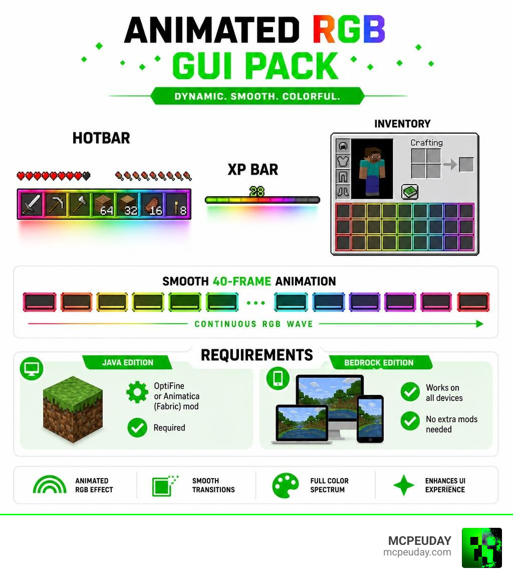 Animated RGB GUI PACK features infographic showing hotbar XP bar inventory animation frames and requirements infographic