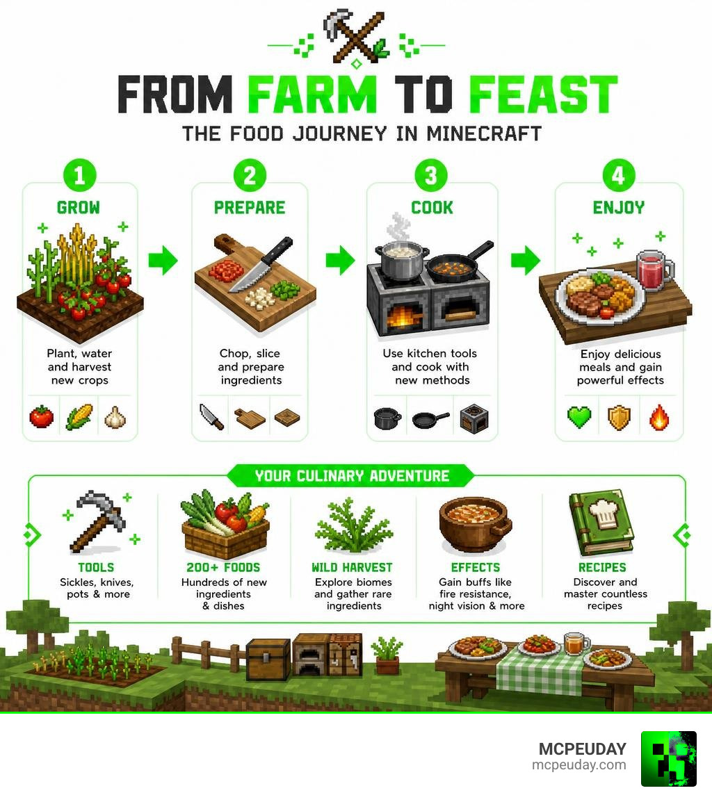 Infographic showing farming to advanced cooking progression in Minecraft Food Expansion Addon infographic