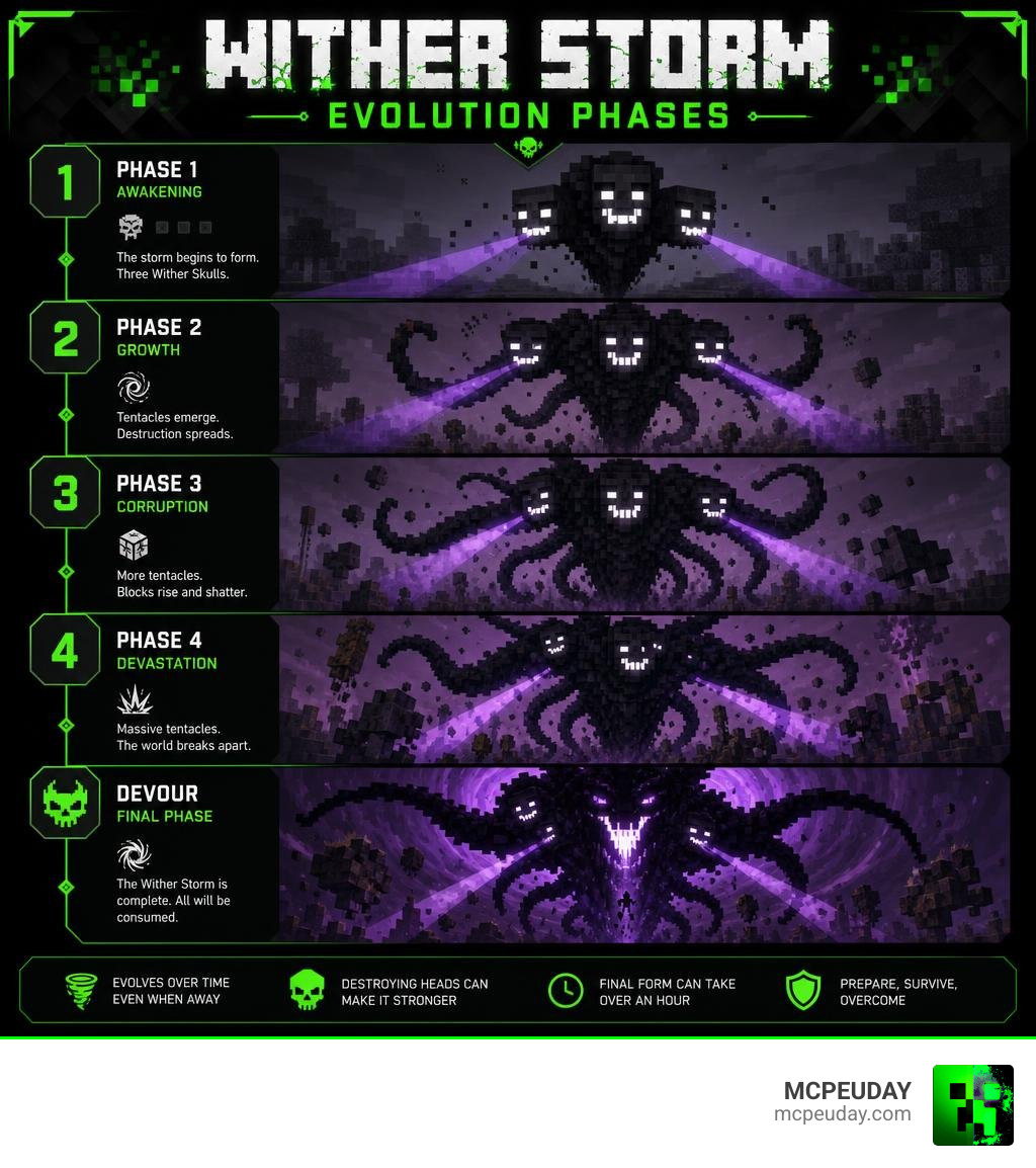 Decayed Reality Addon Wither Storm evolution phases infographic from Phase 1 to Devour Final Phase infographic