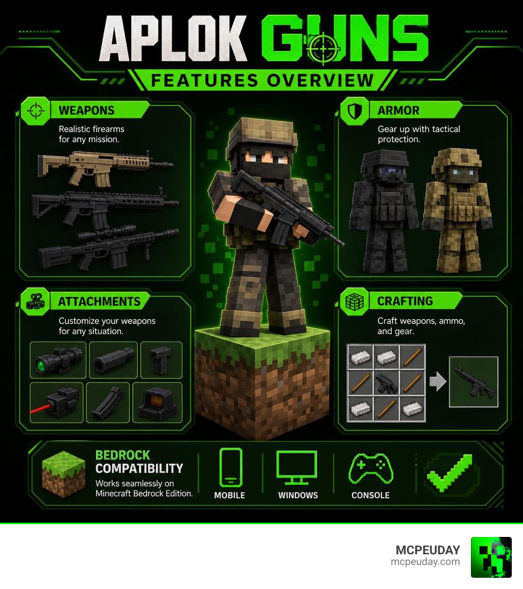 Aplok Guns Addon features overview: weapons, armor, attachments, crafting, and Bedrock compatibility infographic
