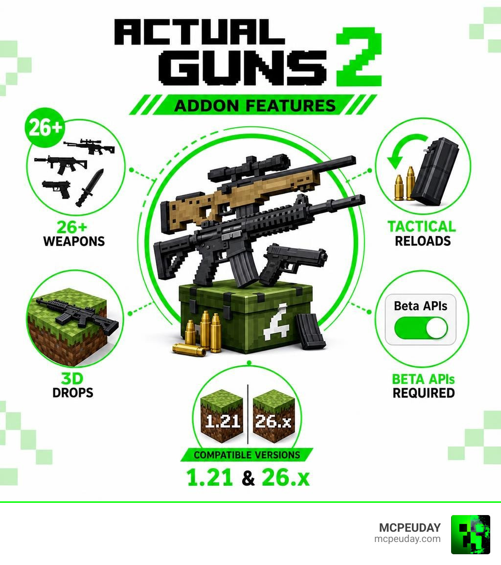 Actual Guns 2 Addon features infographic: 26+ weapons, tactical reloads, 3D drops, Beta APIs required, versions 1.21 and