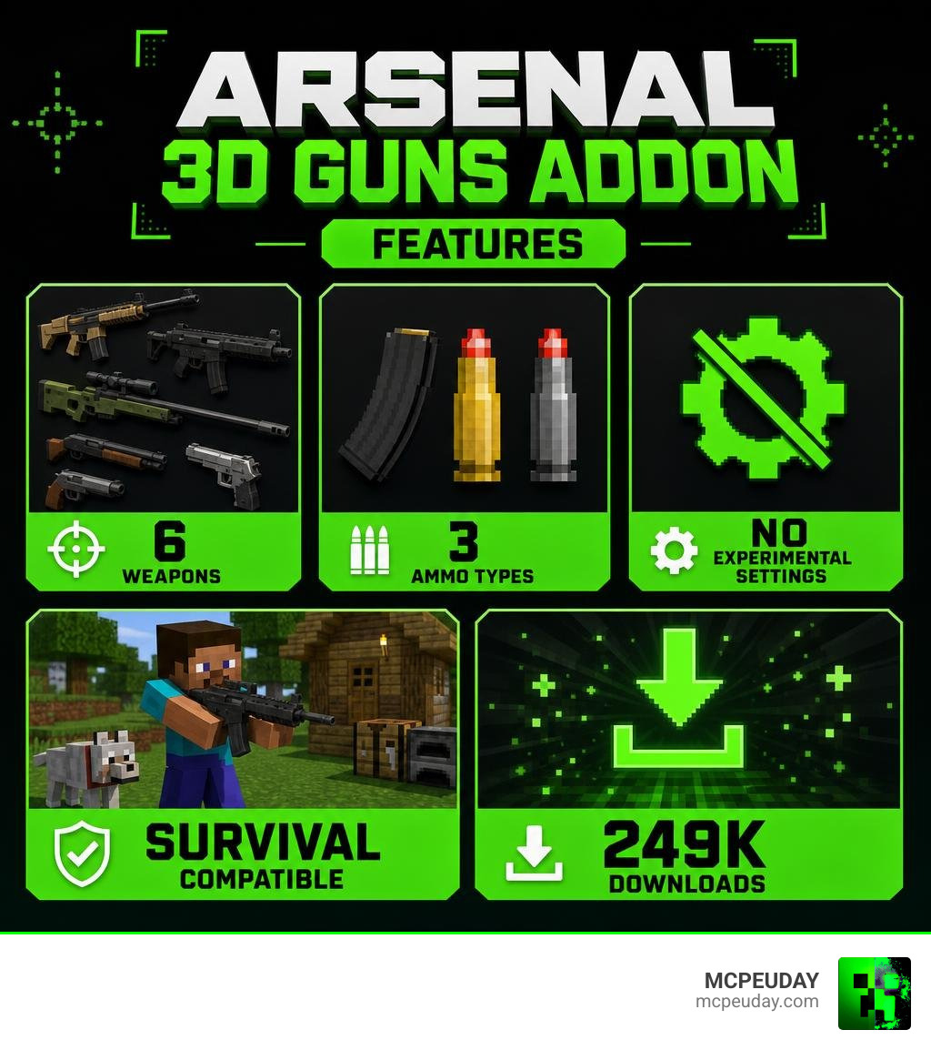 Arsenal 3D Guns Addon features infographic: 6 weapons, 3 ammo types, no experimental settings, survival compatible, 249k