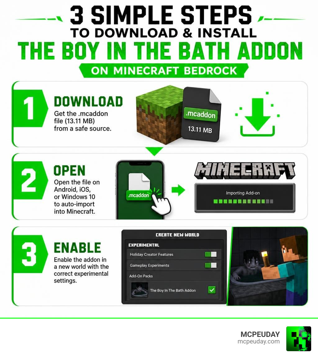 3-step infographic for downloading and installing The Boy In The Bath Addon on Minecraft Bedrock infographic