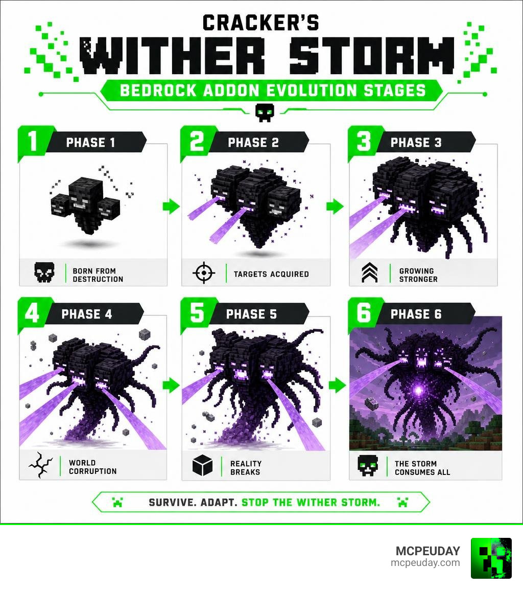 Cracker's Wither Storm Bedrock Addon evolution stages infographic showing phases 1 through 6 infographic