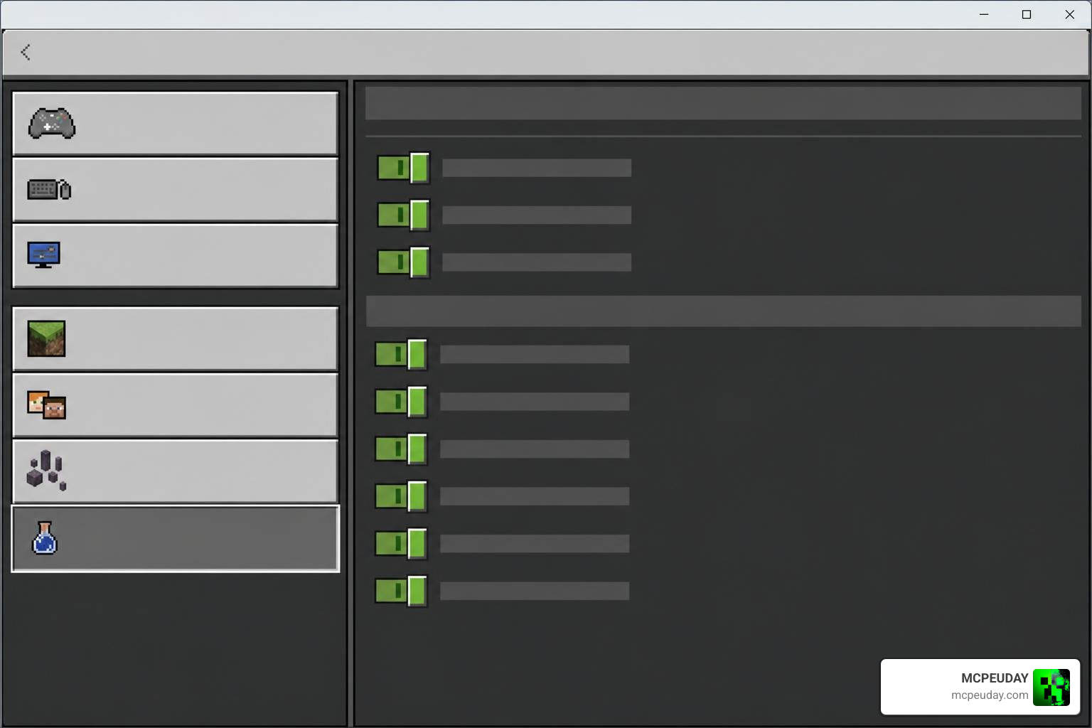 Minecraft Bedrock settings screen highlighting the necessary experimental toggles