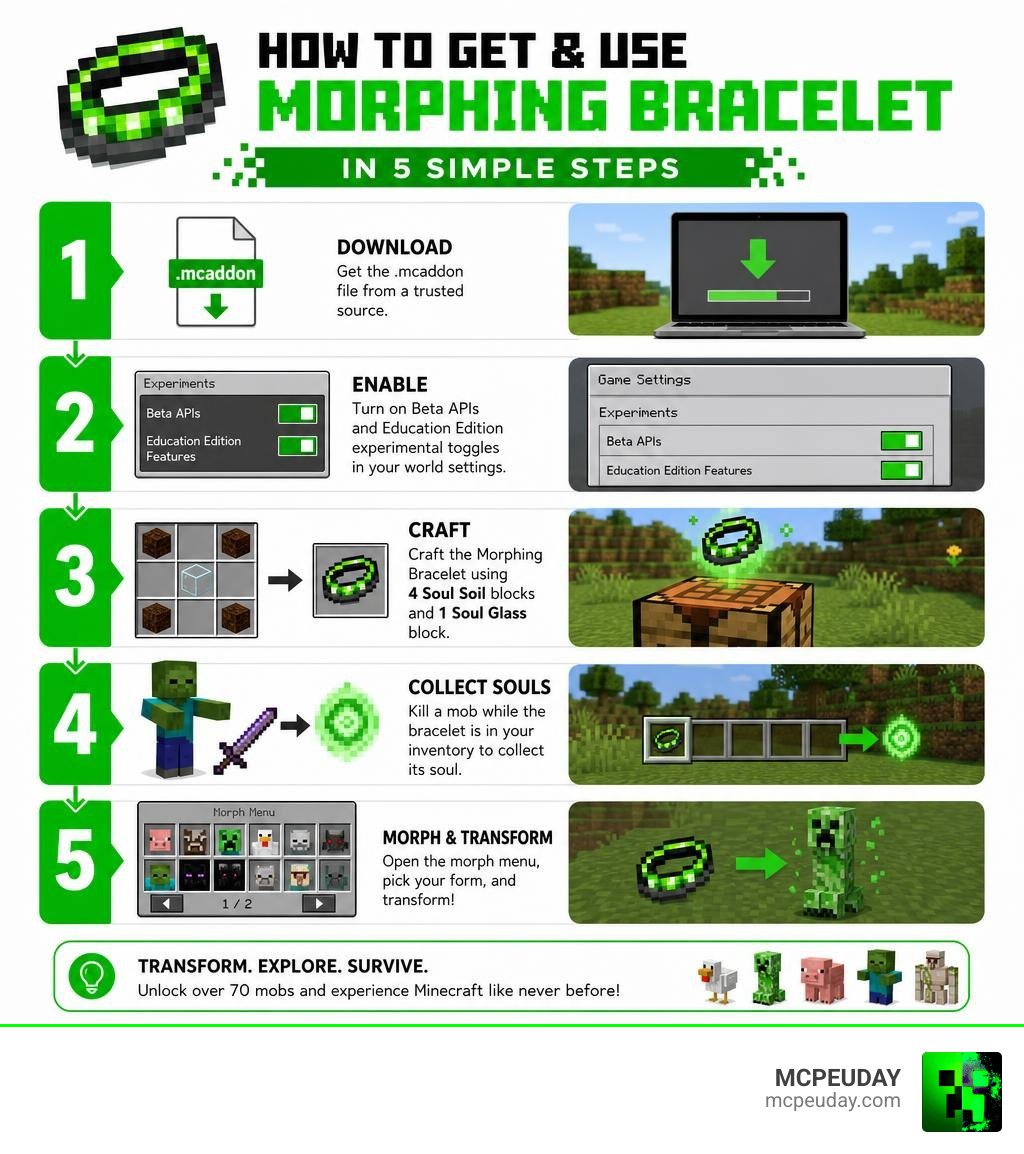 Step-by-step infographic showing how to get and use the Morphing Bracelet Addon in Minecraft Bedrock infographic
