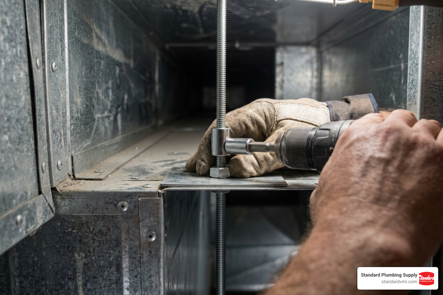 9/16 nut driver bit in action on hex fasteners and threaded rods in ductwork 9/16 nut driver bit in action on hex fasteners and threaded rods in ductwork