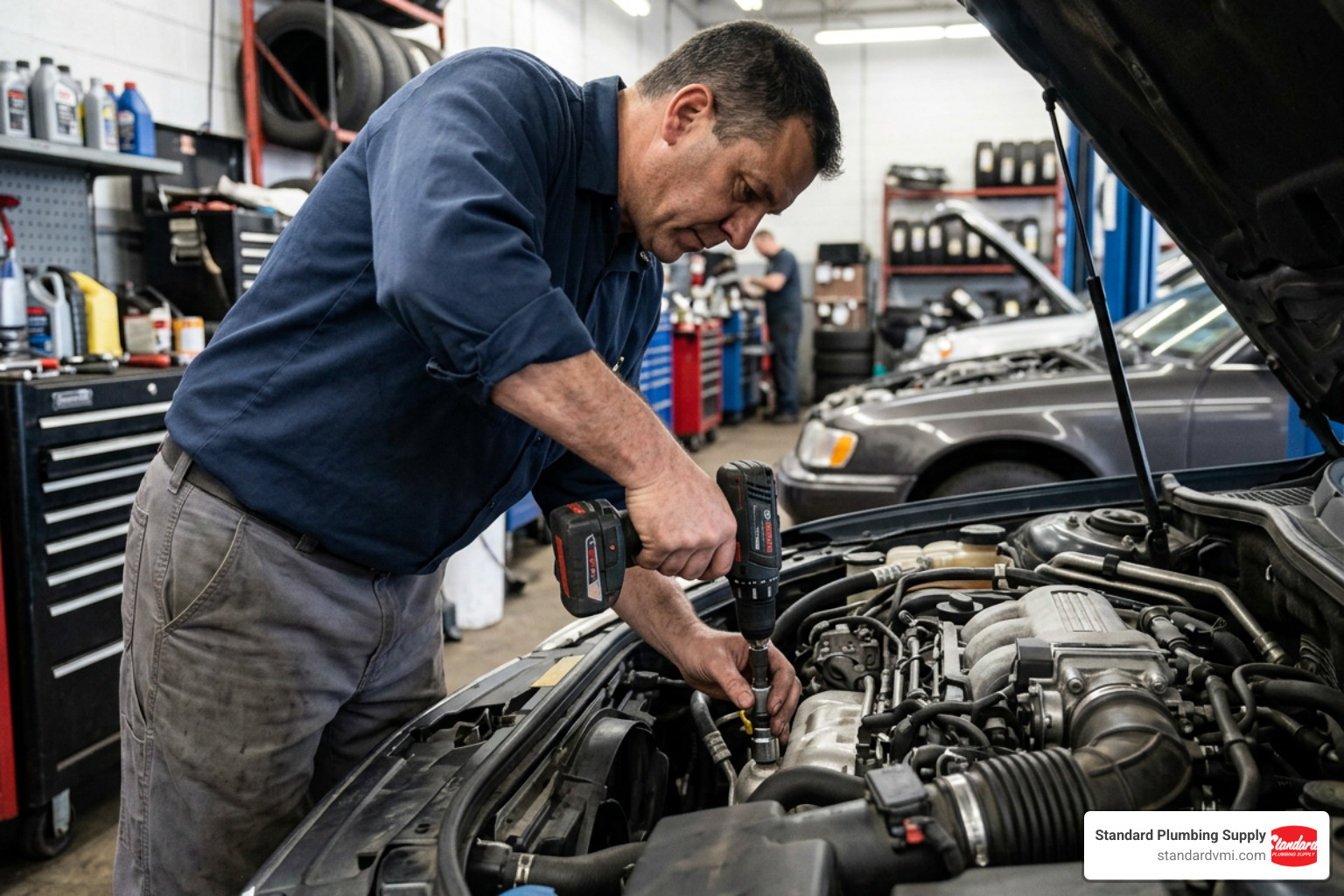 A technician using a drill with a socket adapter on an engine bay A technician using a drill with a socket adapter on an engine bay
