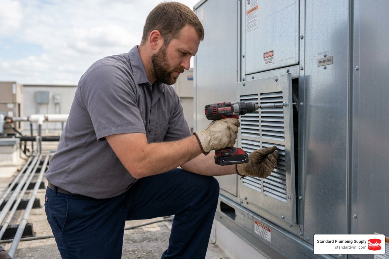 HVAC technician using a 9/16 nut driver bit on commercial equipment HVAC technician using a 9/16 nut driver bit on commercial equipment
