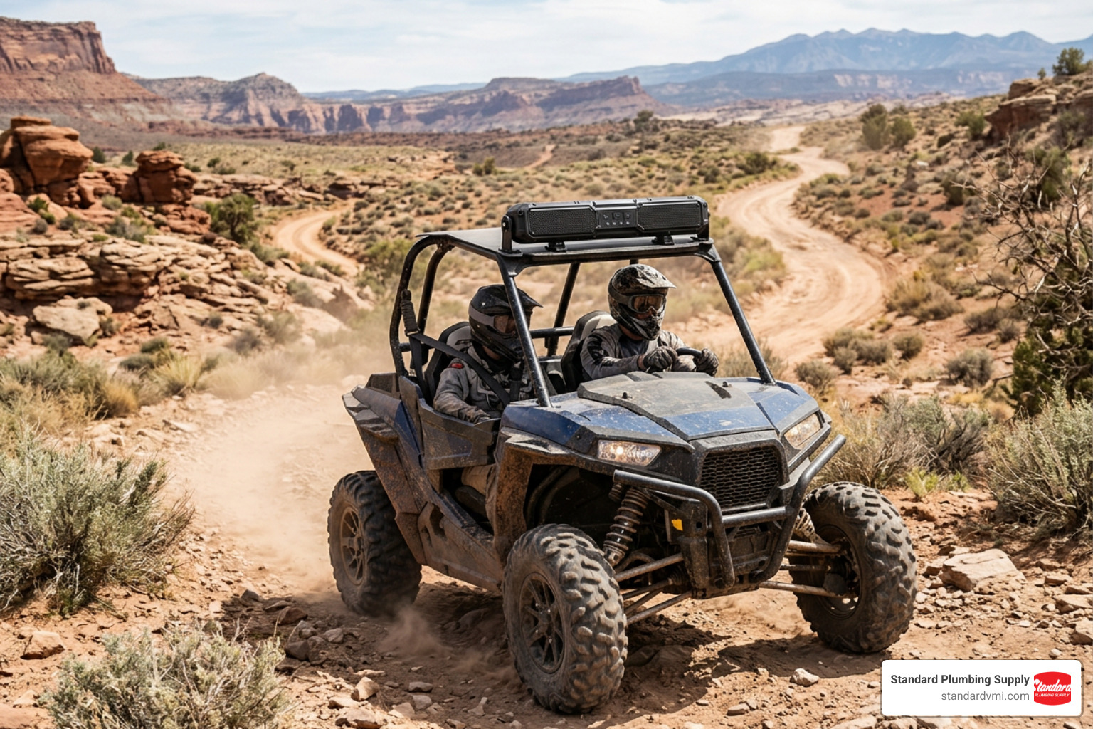 An off-road UTV vehicle with a rugged bluetooth speaker bar mounted to the roll cage