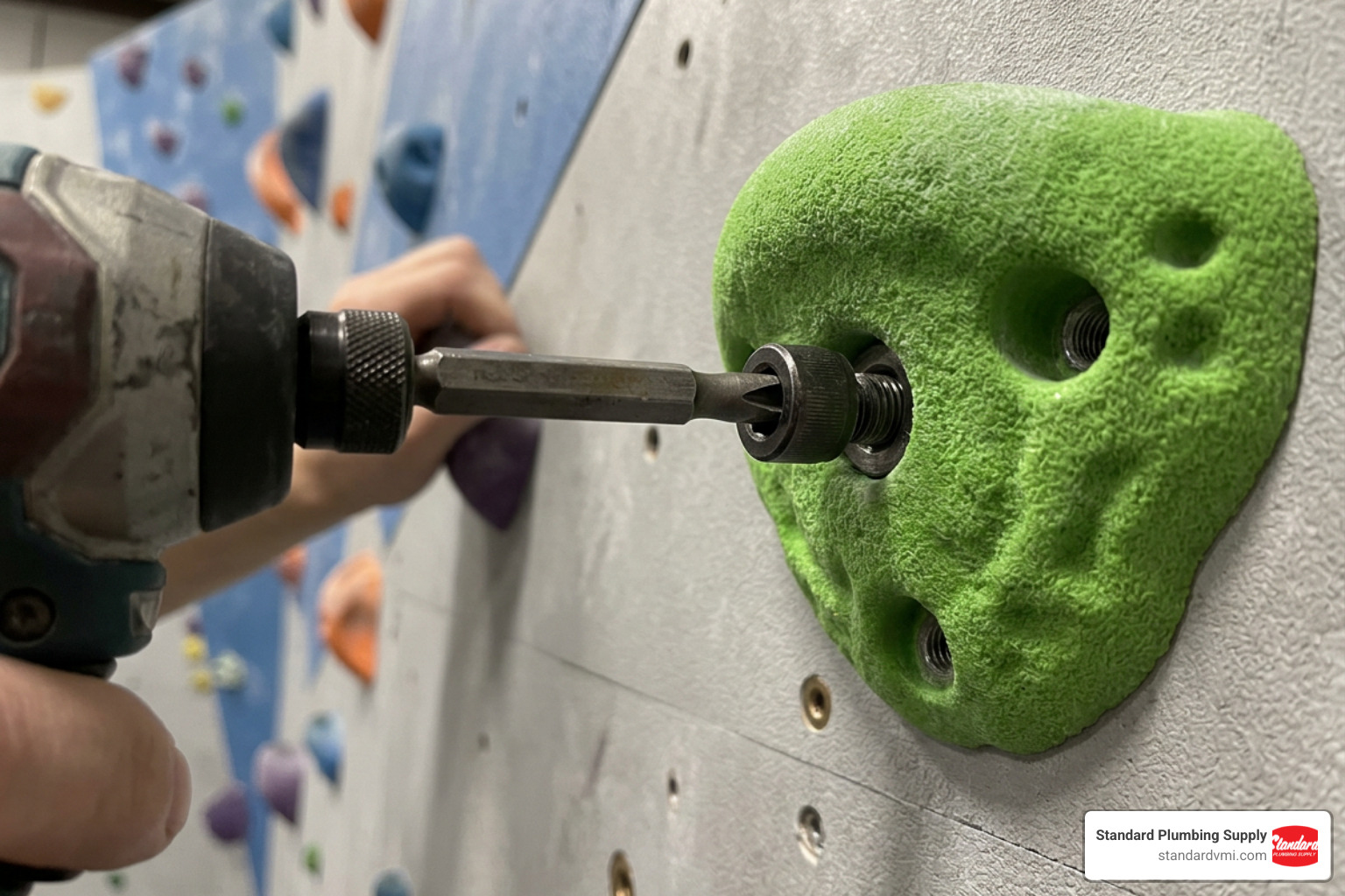 A 3-inch magnetic 5/16 impact driver bit driving a heavy fastener into a climbing hold A 3-inch magnetic 5/16 impact driver bit driving a heavy fastener into a climbing hold