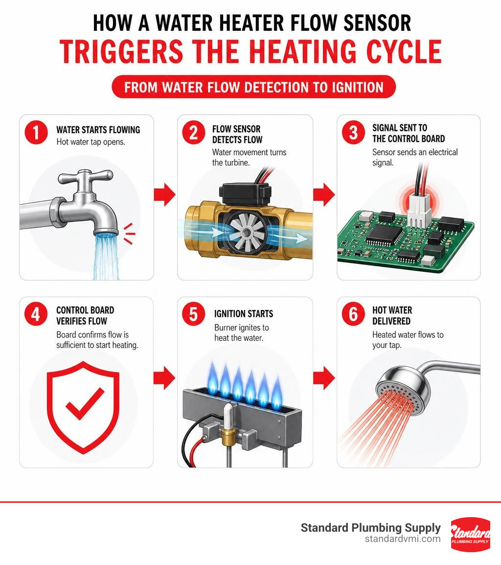 How a water heater flow sensor triggers the heating cycle — from water flow detection to ignition infographic