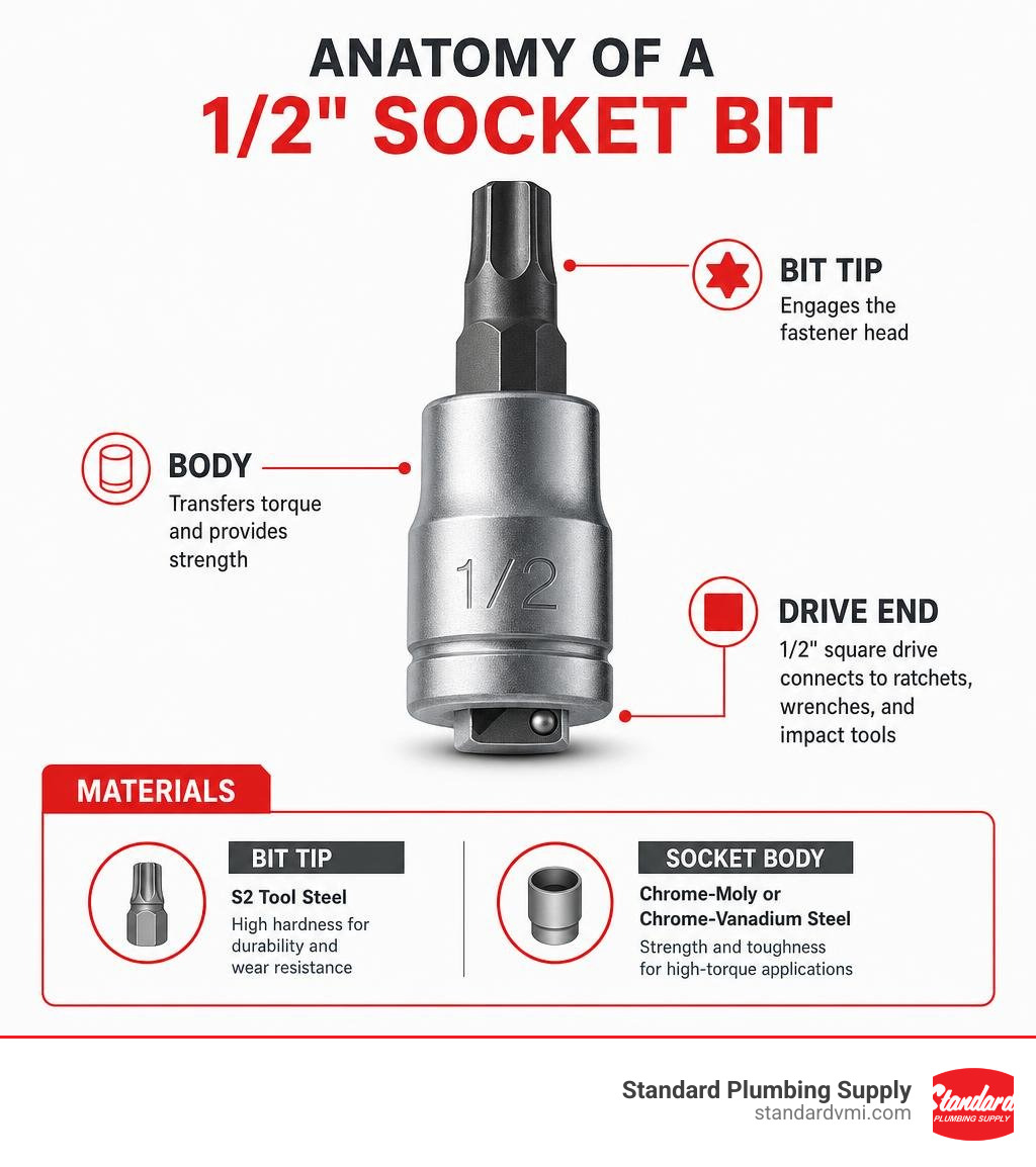 Infographic showing anatomy of a 1/2 inch socket bit: drive end, body, bit tip, and material labels infographic