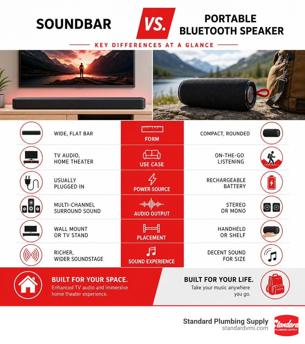 Soundbar vs portable Bluetooth speaker comparison infographic showing key differences in form, use case, and audio output