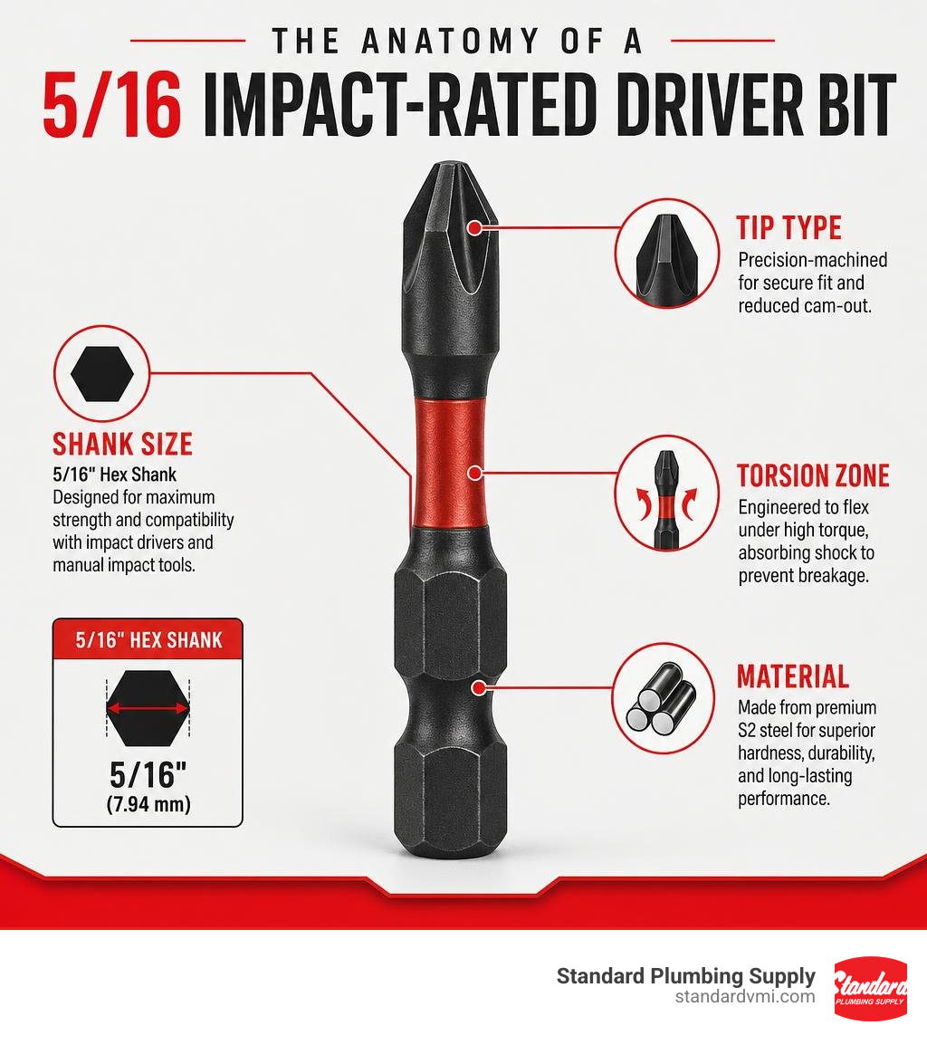 Infographic showing anatomy of a 5/16 impact-rated driver bit including shank size, torsion zone, tip type, and material Infographic showing anatomy of a 5/16 impact-rated driver bit including shank size, torsion zone, tip type, and material