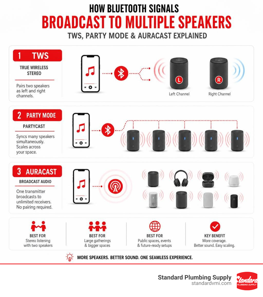 How Bluetooth signals broadcast to multiple speakers - TWS, Party Mode, and Auracast explained infographic How Bluetooth signals broadcast to multiple speakers - TWS, Party Mode, and Auracast explained infographic