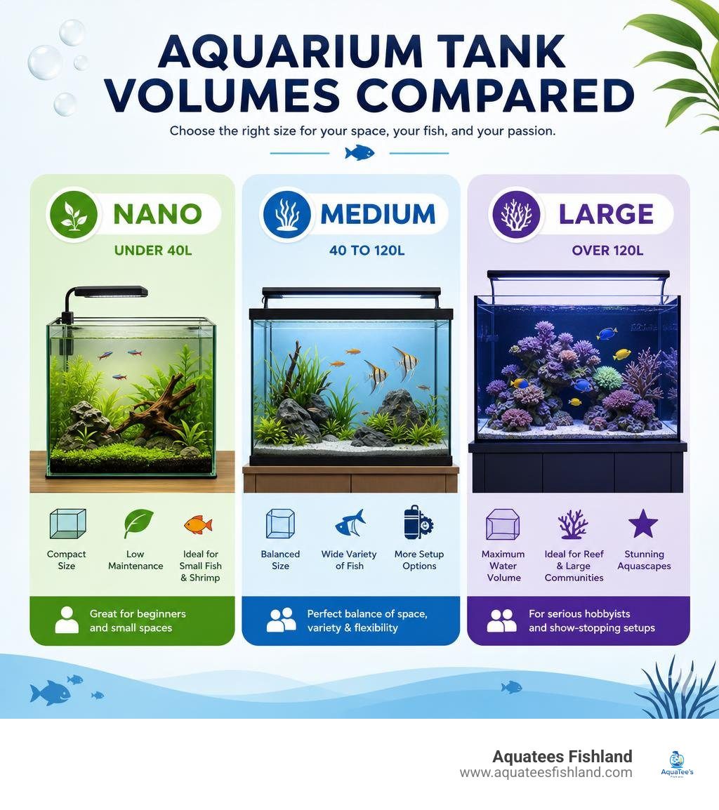 Infographic comparing aquarium tank volumes: Nano under 40L, Medium 40 to 120L, Large over 120L infographic