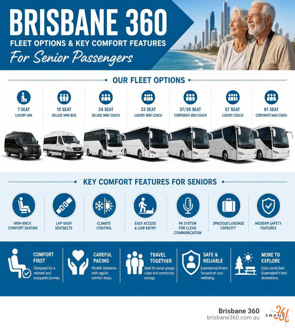 Infographic showing Brisbane 360 fleet options and key comfort features for senior passengers infographic