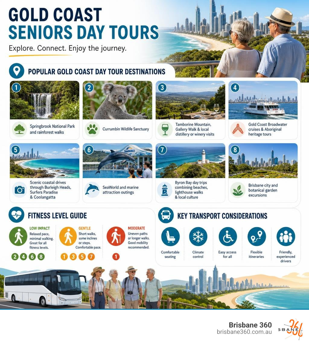 Infographic showing popular Gold Coast seniors day tour destinations, fitness levels, and key transport considerations