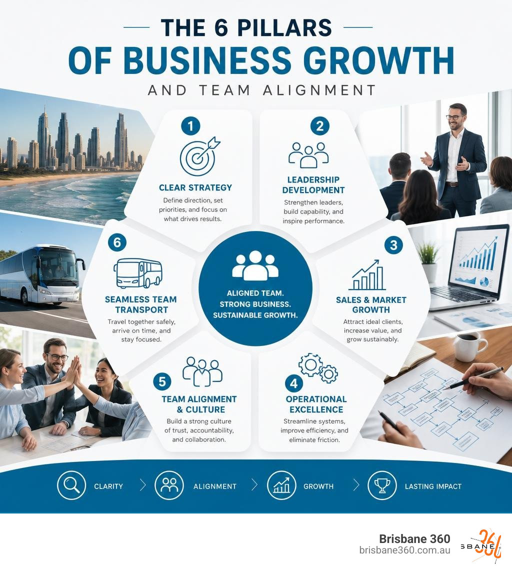 Infographic showing the six pillars of business growth and team alignment infographic