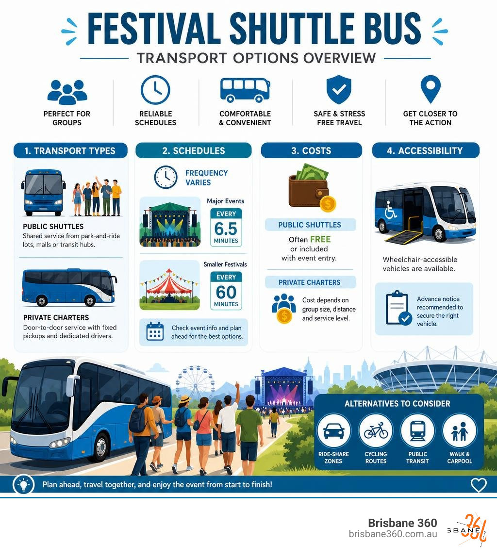 Festival shuttle bus transport options, types, schedules, costs, and accessibility overview infographic