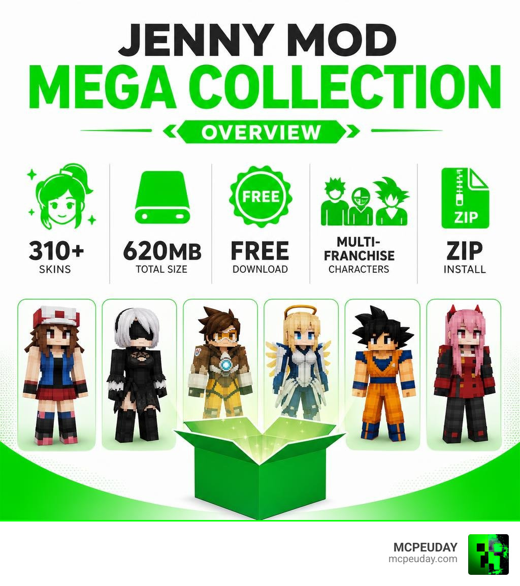 Infographic showing Jenny Mod Mega Collection overview: 310+ skins, 620MB, free download, multi-franchise characters, ZIP