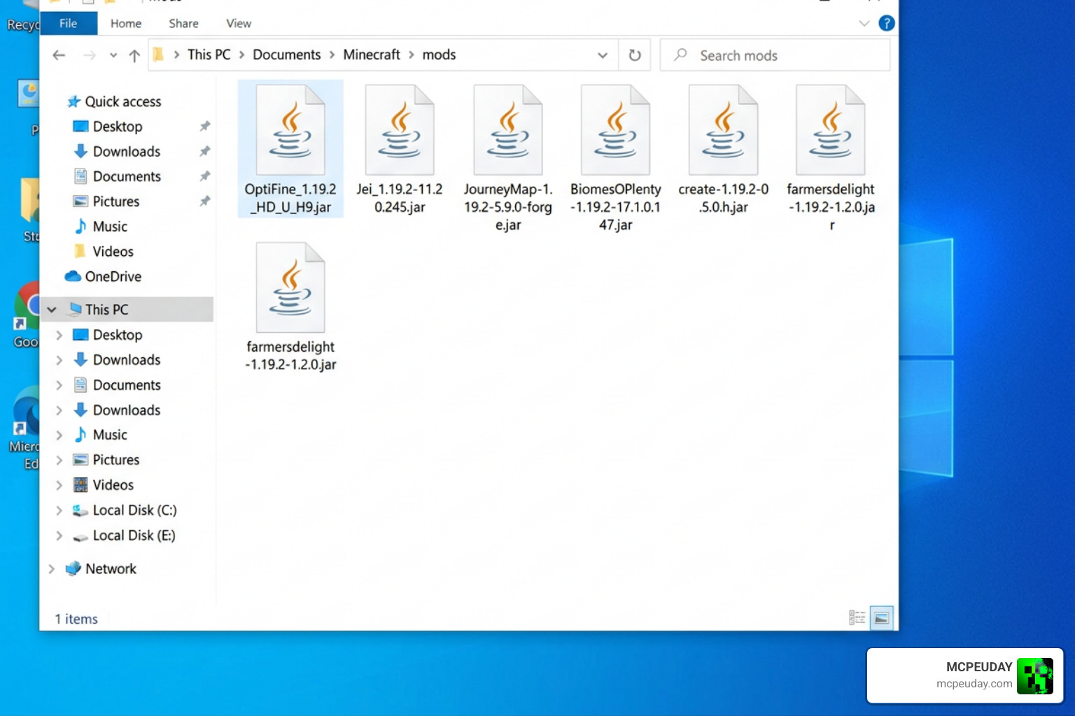 Minecraft installation directory mods folder showing files properly placed