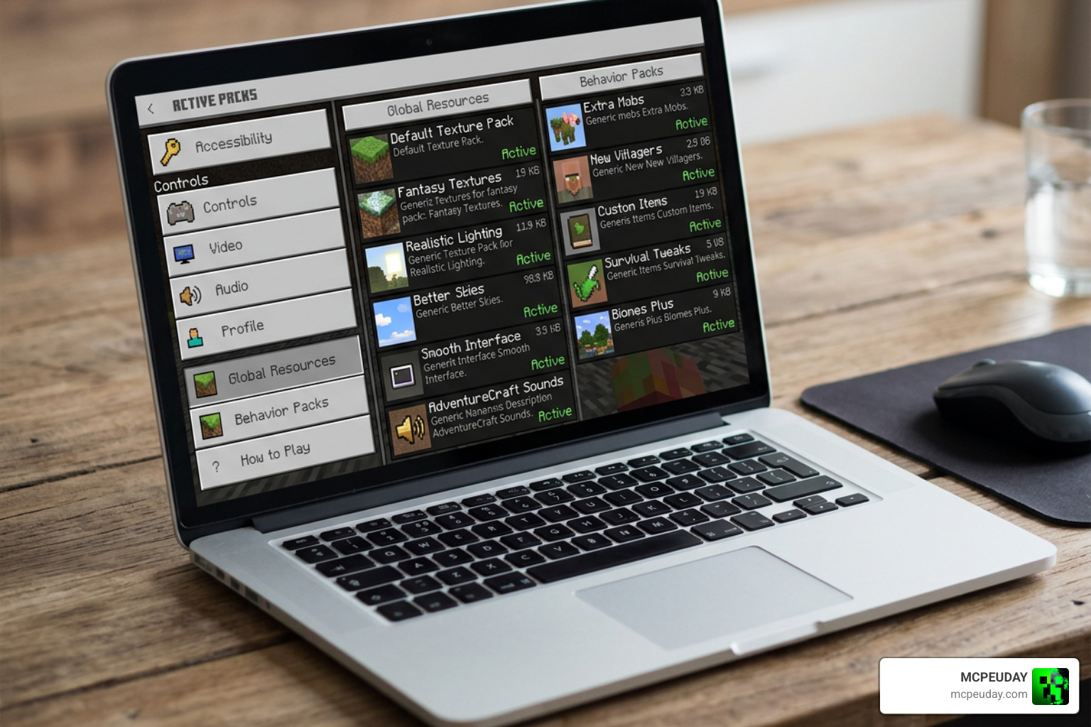 Minecraft Bedrock setup screen showing active resource and behavior packs