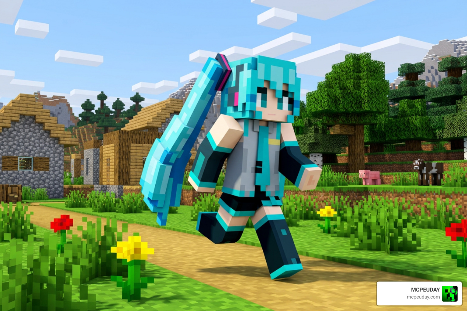Hatsune Miku character model in Minecraft running around with teal twin-tails