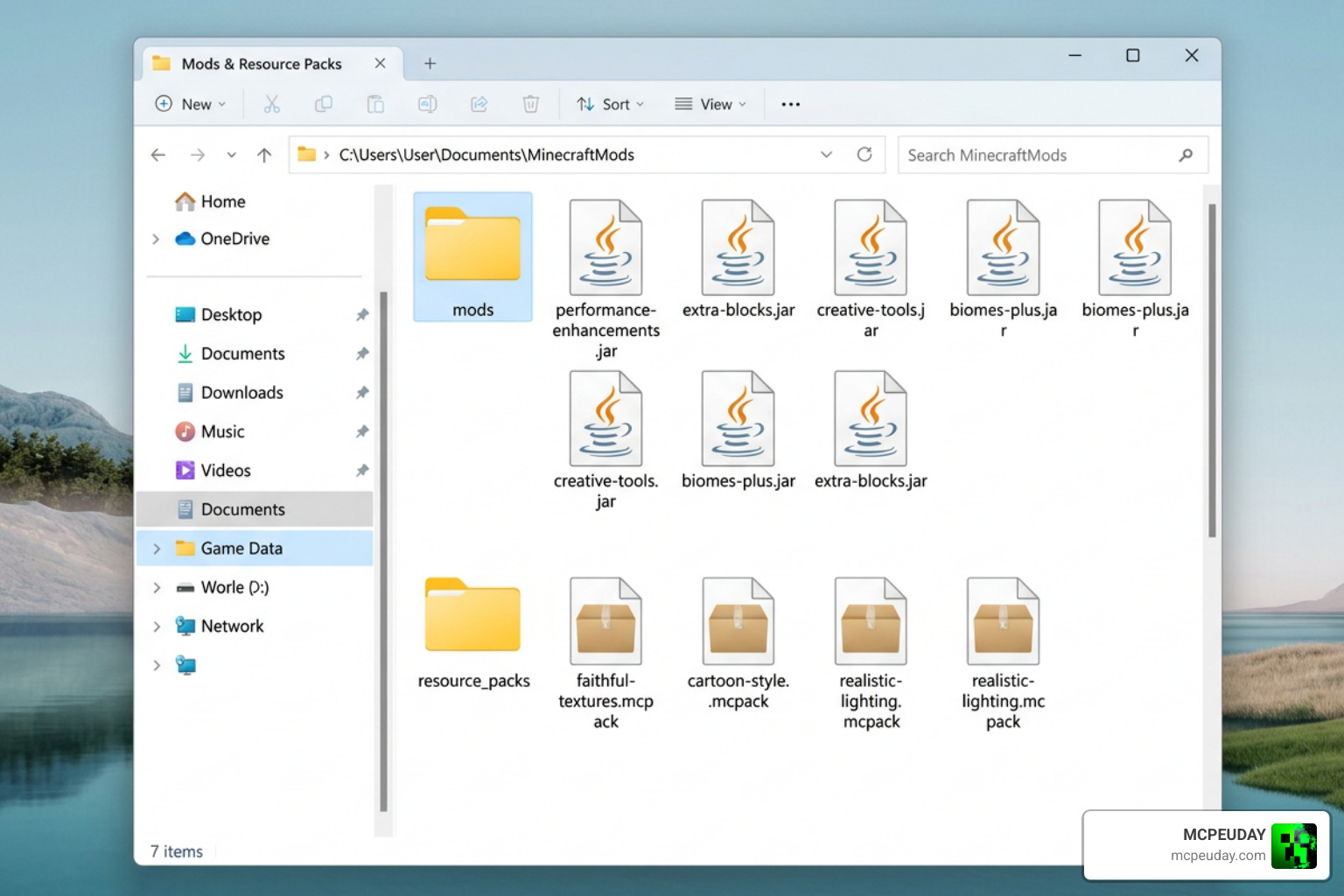 A clean Minecraft folder directory showing where to place the mods and resource packs