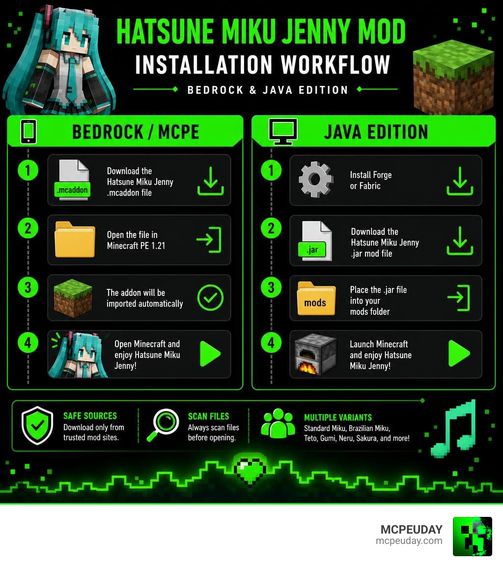 Hatsune Miku Jenny Mod installation workflow infographic showing steps for Bedrock and Java Edition infographic
