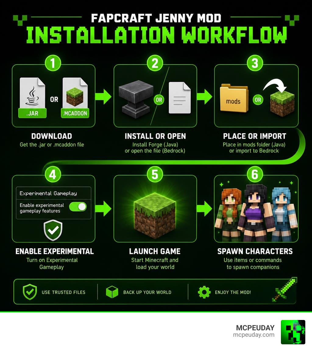 Fapcraft Jenny Mod installation workflow: download .jar or .mcaddon, install Forge or open file, place in mods folder or