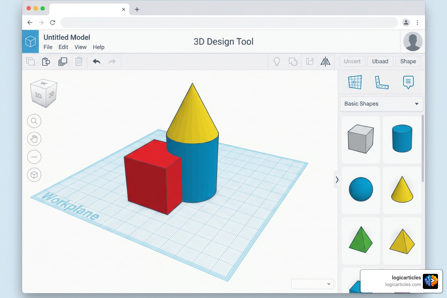 Tinkercad interface showing simple shapes being combined to form a 3D model Tinkercad interface showing simple shapes being combined to form a 3D model