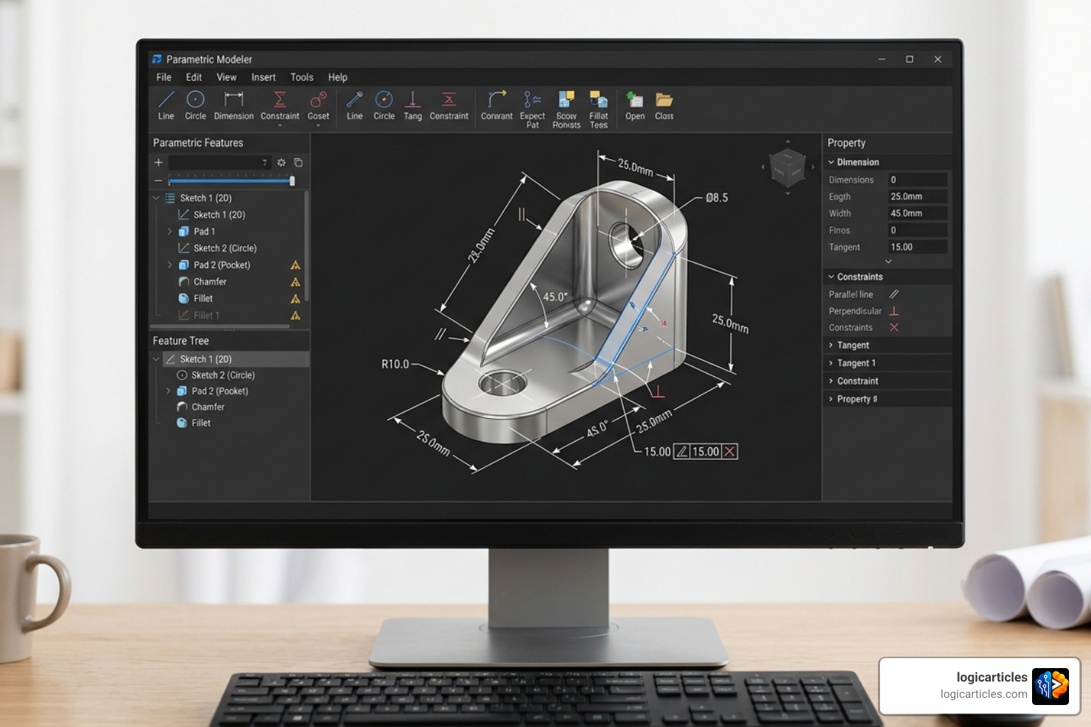 Parametric modeling constraints showing sketches and dimensions in a CAD workspace Parametric modeling constraints showing sketches and dimensions in a CAD workspace