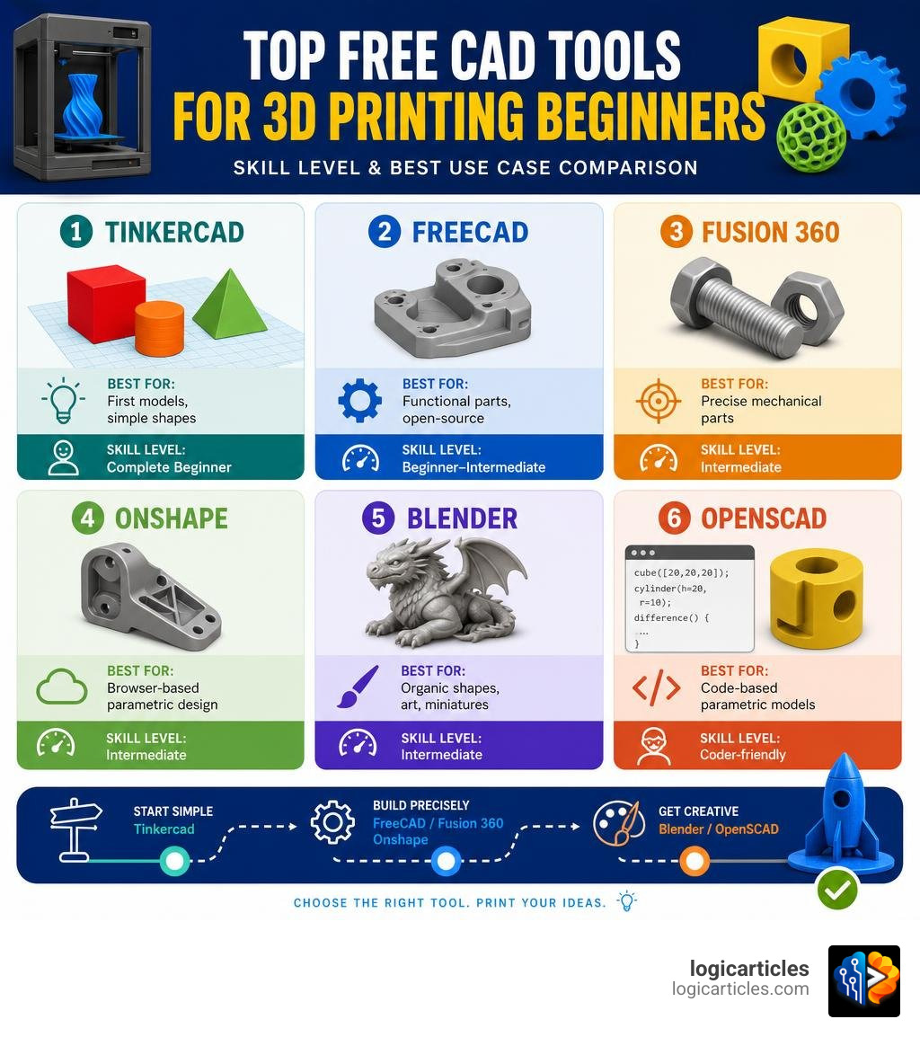 Comparison infographic of top free CAD tools for 3D printing beginners showing skill level and best use case infographic Comparison infographic of top free CAD tools for 3D printing beginners showing skill level and best use case infographic