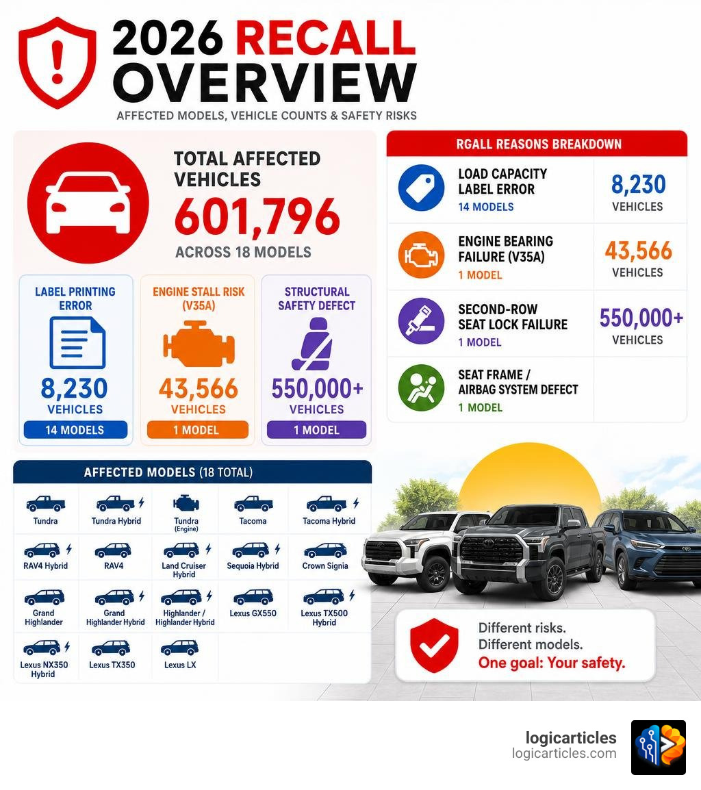 Infographic showing 2026 Toyota recall overview: affected models, vehicle counts, and safety risks infographic