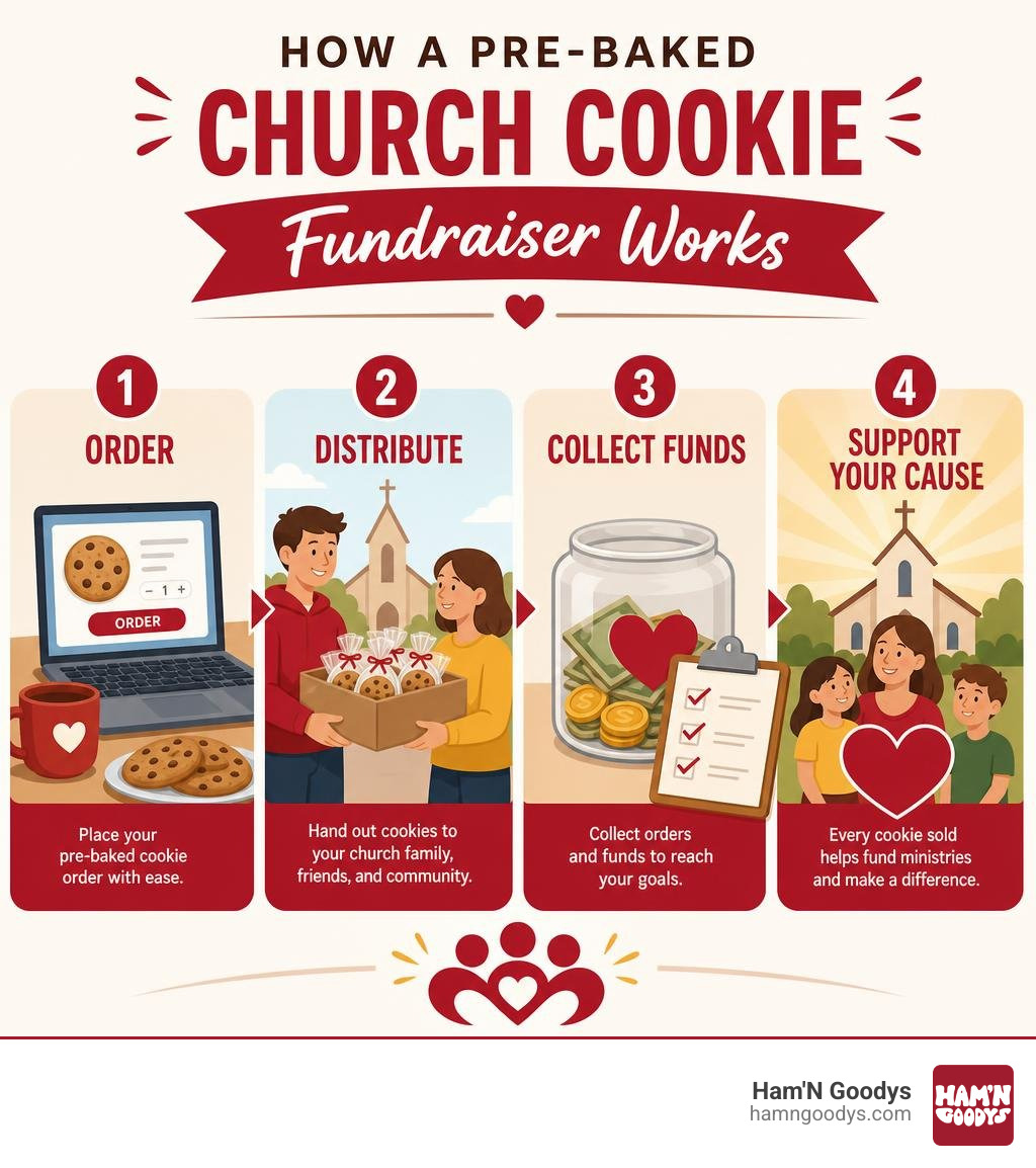 How a pre-baked church cookie fundraiser works: order, distribute, collect funds, support your cause infographic