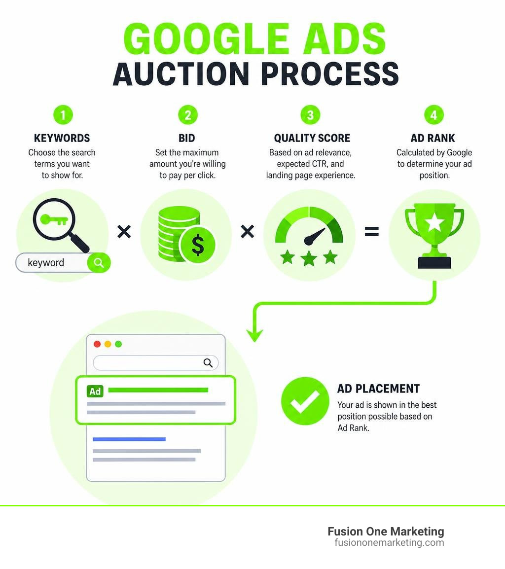 Google Ads auction process infographic showing keywords, bids, quality score, and ad rank leading to ad placement infographic
