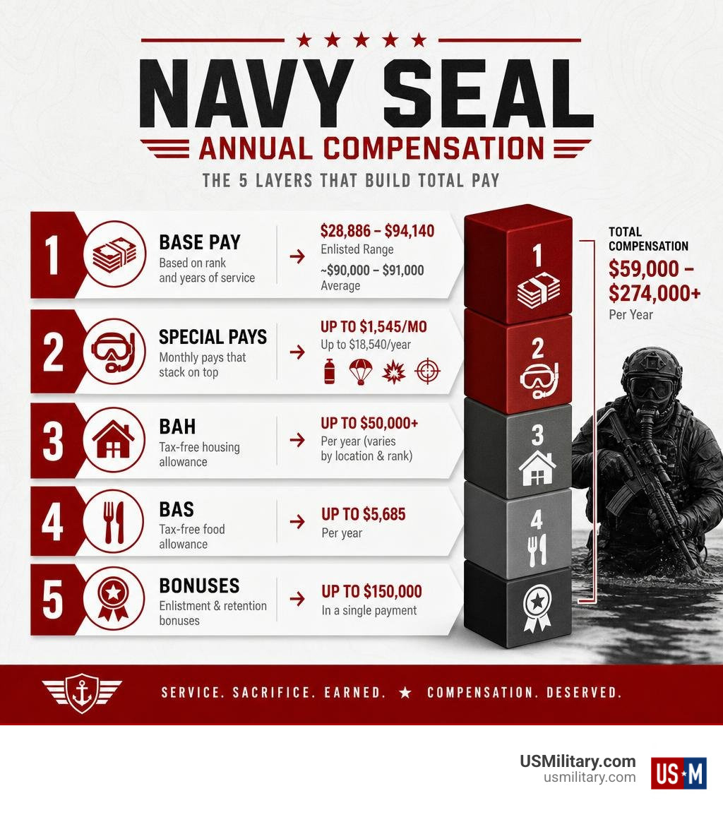 Infographic showing layers of Navy SEAL annual compensation: base pay, special pays, BAH, BAS, and bonuses infographic