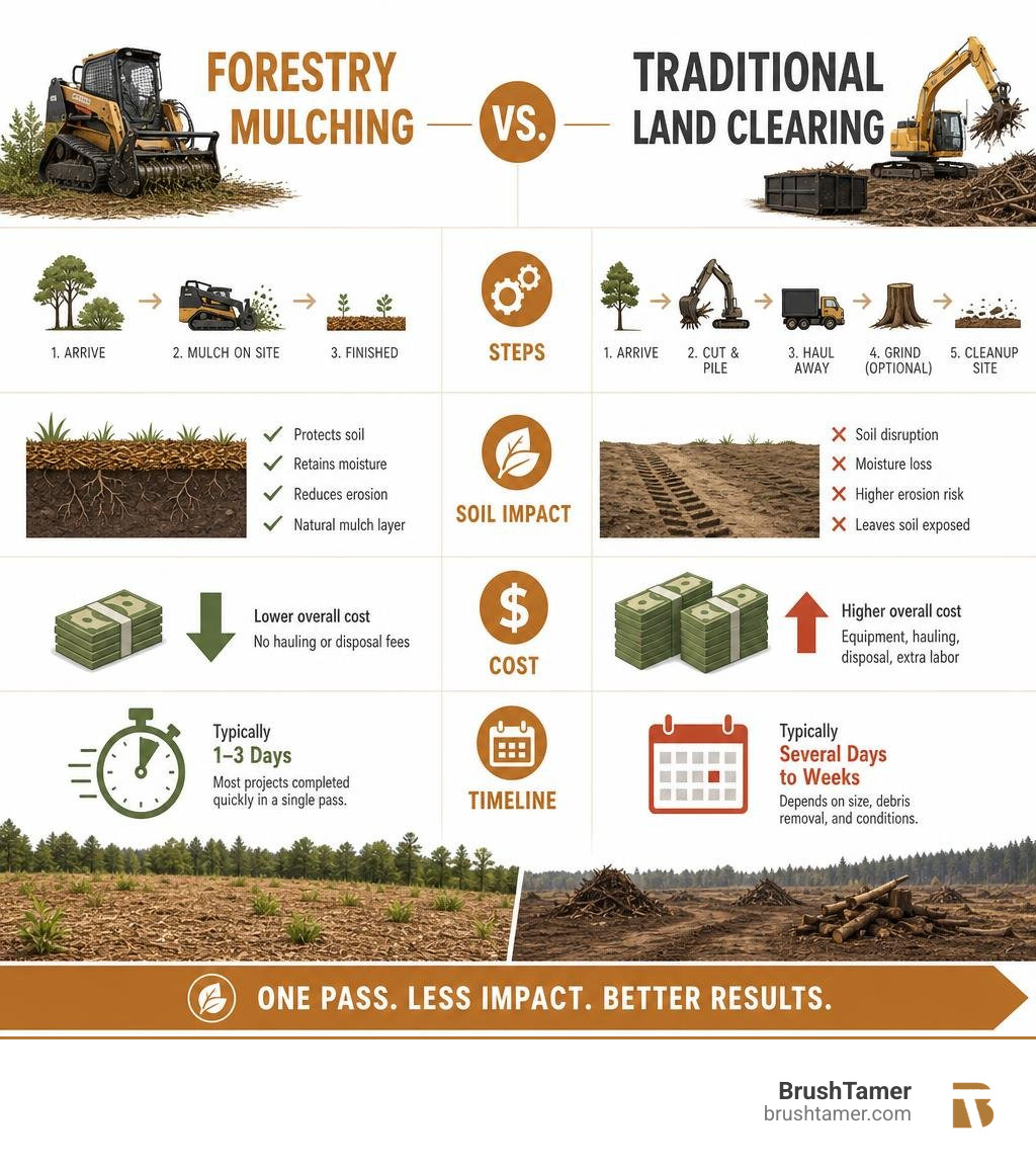 Infographic comparing forestry mulching vs traditional land clearing: steps, soil impact, cost, and timeline infographic Infographic comparing forestry mulching vs traditional land clearing: steps, soil impact, cost, and timeline infographic