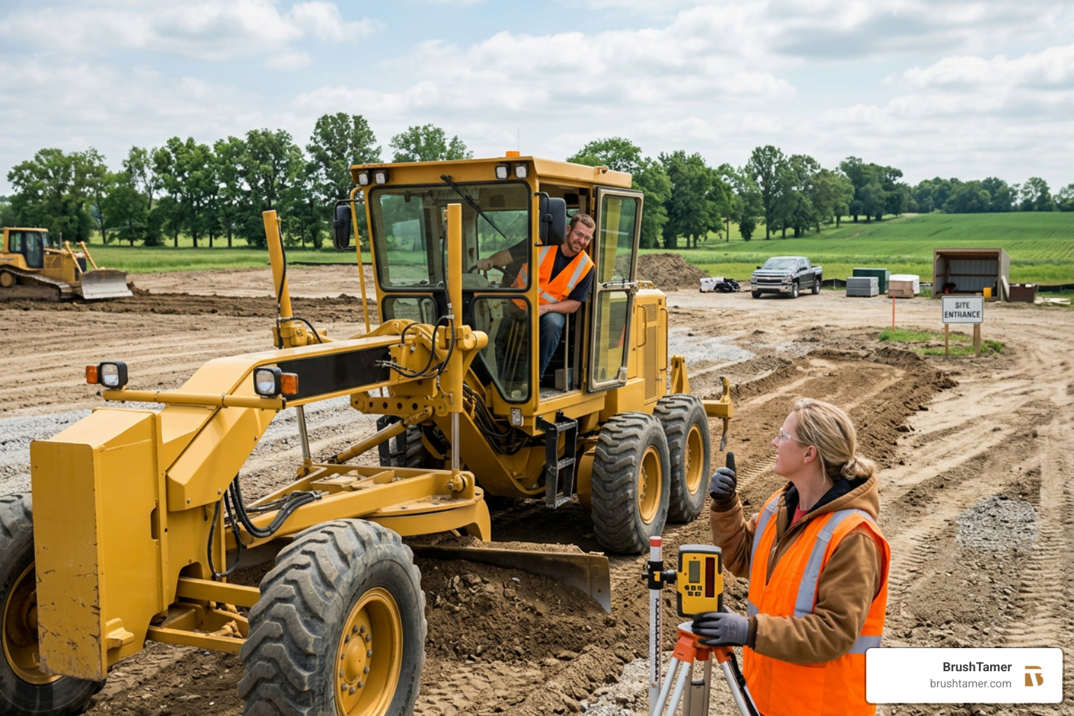 A professional male and female technician performing land grading in Plymouth Indiana
