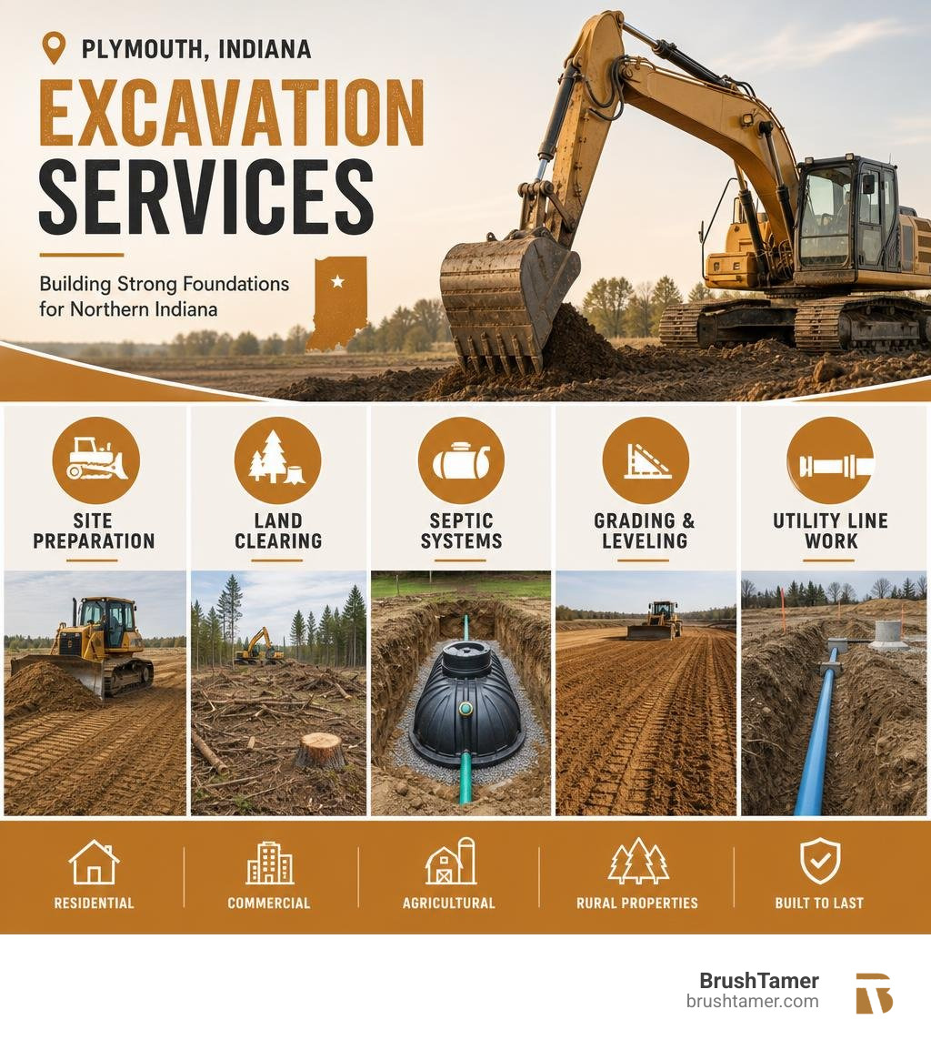 Infographic showing Plymouth Indiana excavation services including site prep, land clearing, septic, grading, and utility